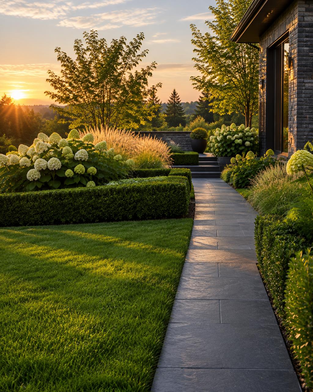 Gepflegter Garten mit Hecken und Natursteinweg im Abendlicht – illustrative Bildwelt