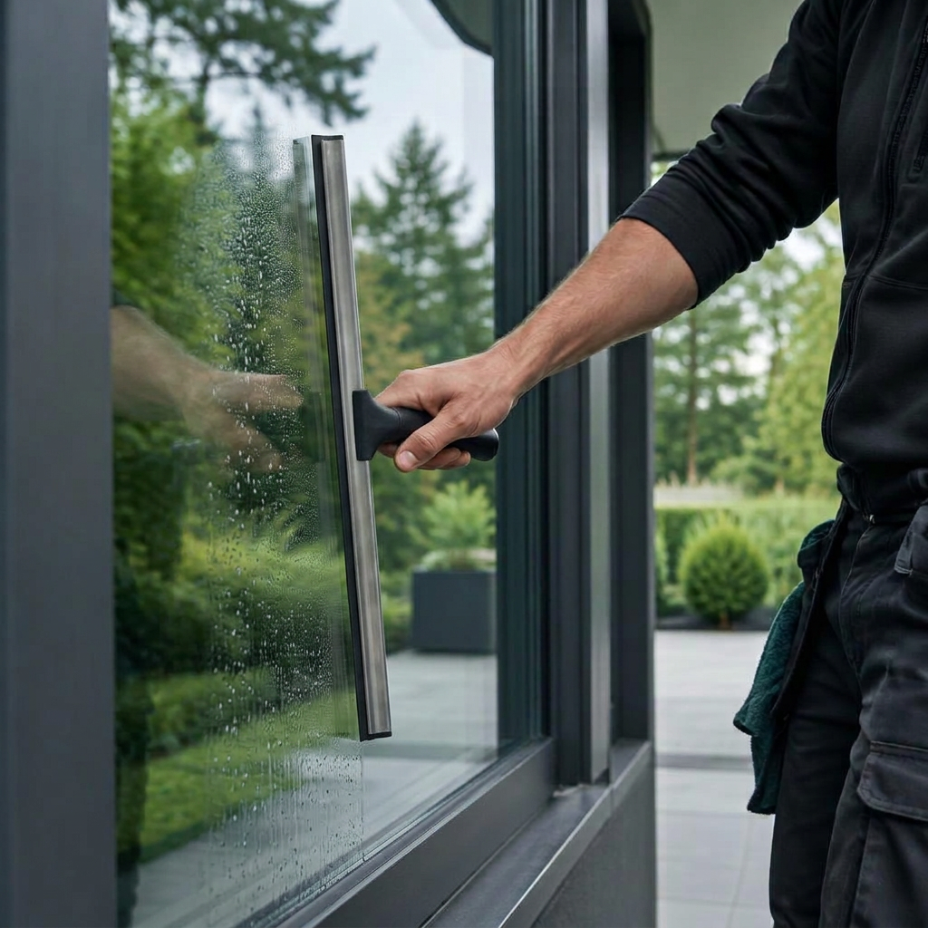 Professioneller T-Fensterabzieher mit gerader Edelstahlschiene und Gummilippe – illustrative Aufnahme